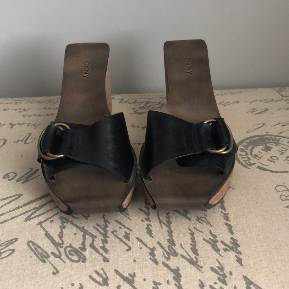 DKNY black leather cork wedges